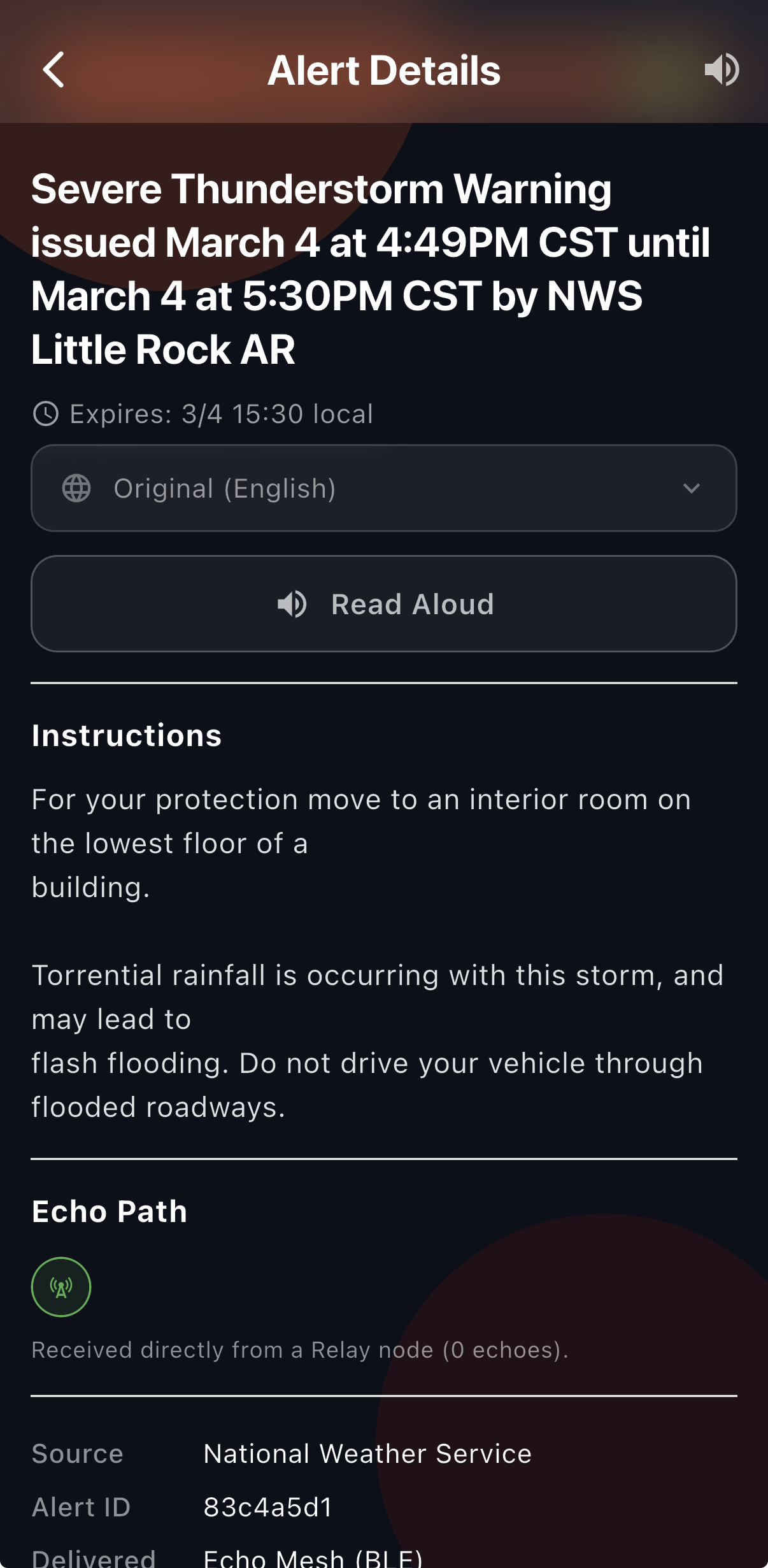 Echo showing a severe weather alert received over Bluetooth mesh, with translation controls